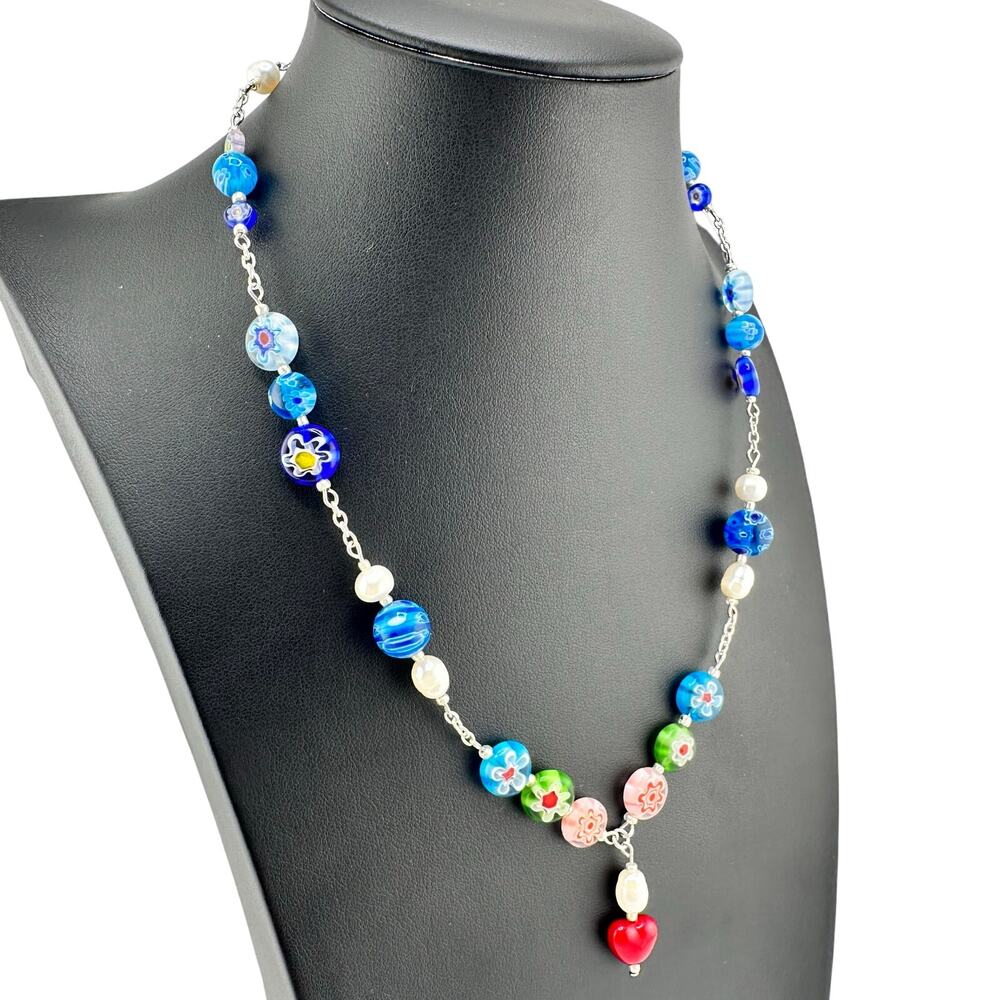 Handmade Millefiori Multicolor Italian Glass Freshwater Pearl 18" Necklace